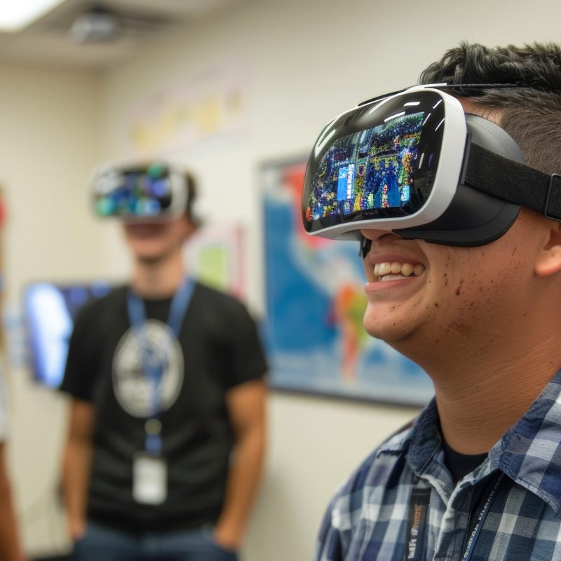 Estudiantes interactuando con tecnologías de realidad virtual en un aula educativa.